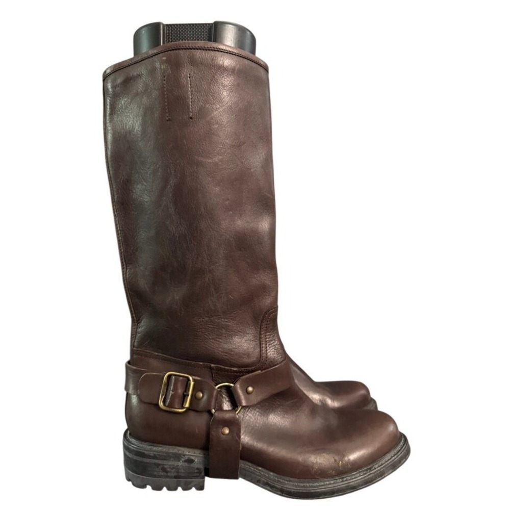 Vera Gomma Brown Leather Tall Harness Moto Boots Lug Sole Brass Buckle Knee 10